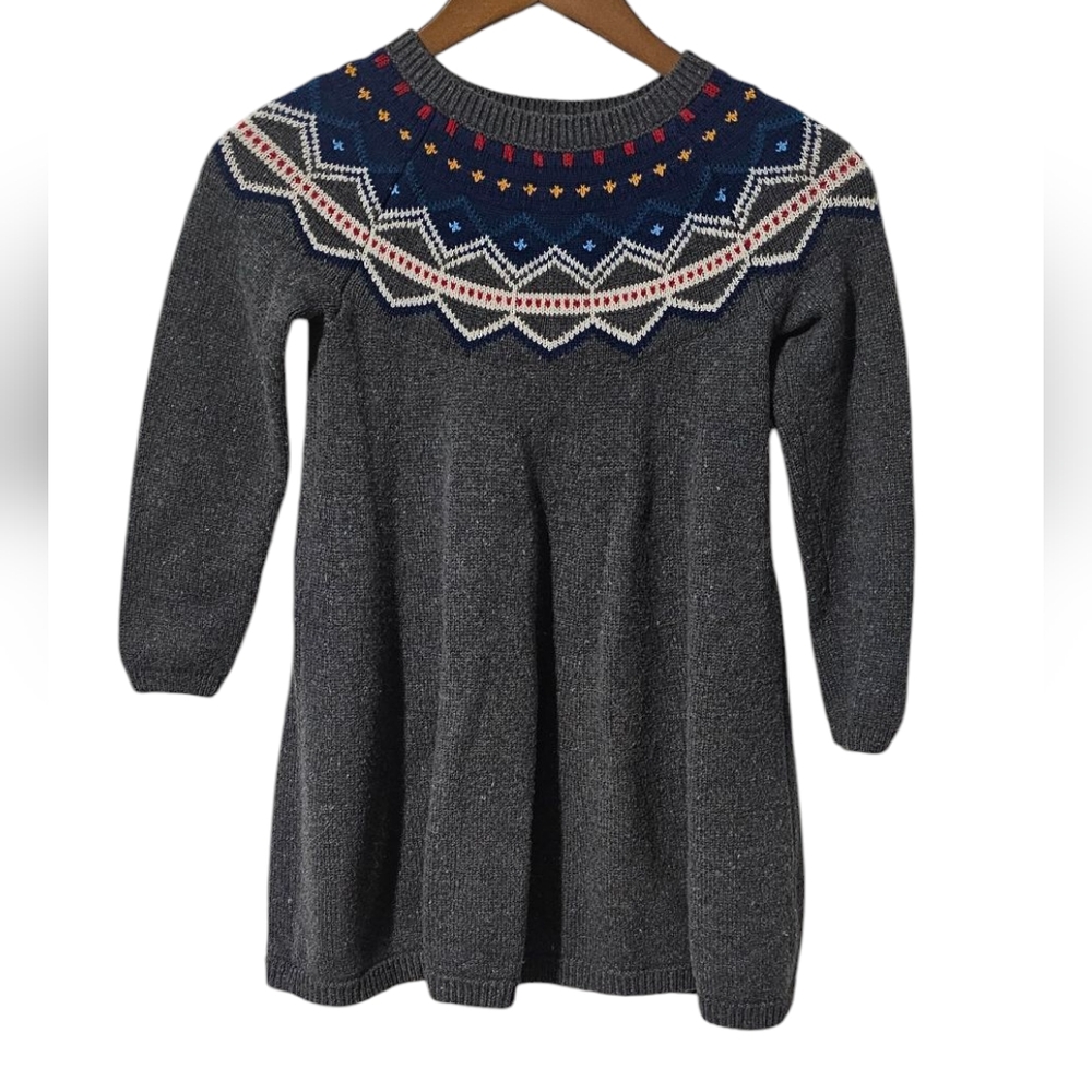Hanna Andersson Nordic Fair Isle Knit Wool Dress | Gray & Navy | Size 6/7Y